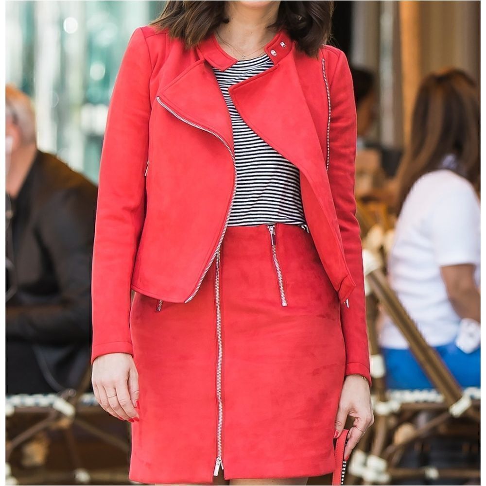 French Connection suede biker jacket red